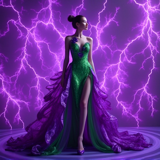 using vivid purples and deep blues to create an ethereal,  makeup,  metallic textures. The subject is a woman with a statu...