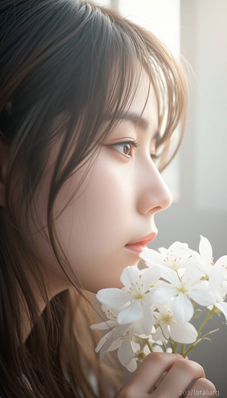 Close-up portrait of a young woman with long,  tousled dark hair,  gazing softly at white flowers she holds near her face...