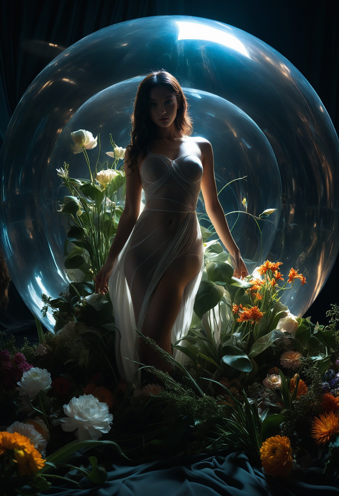 In a cinematic style,  a girl poses within the curvature of a massive,  translucent sphere on Tensor.Art