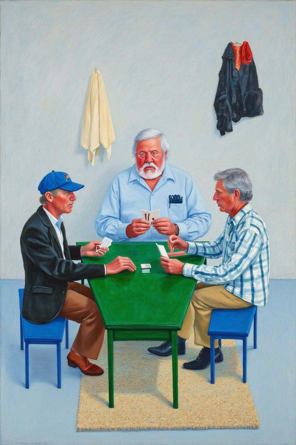 daho1 painting.Three men playing cards. The scene is set in a simple,  sparsely decorated room with a light gray wall. The...
