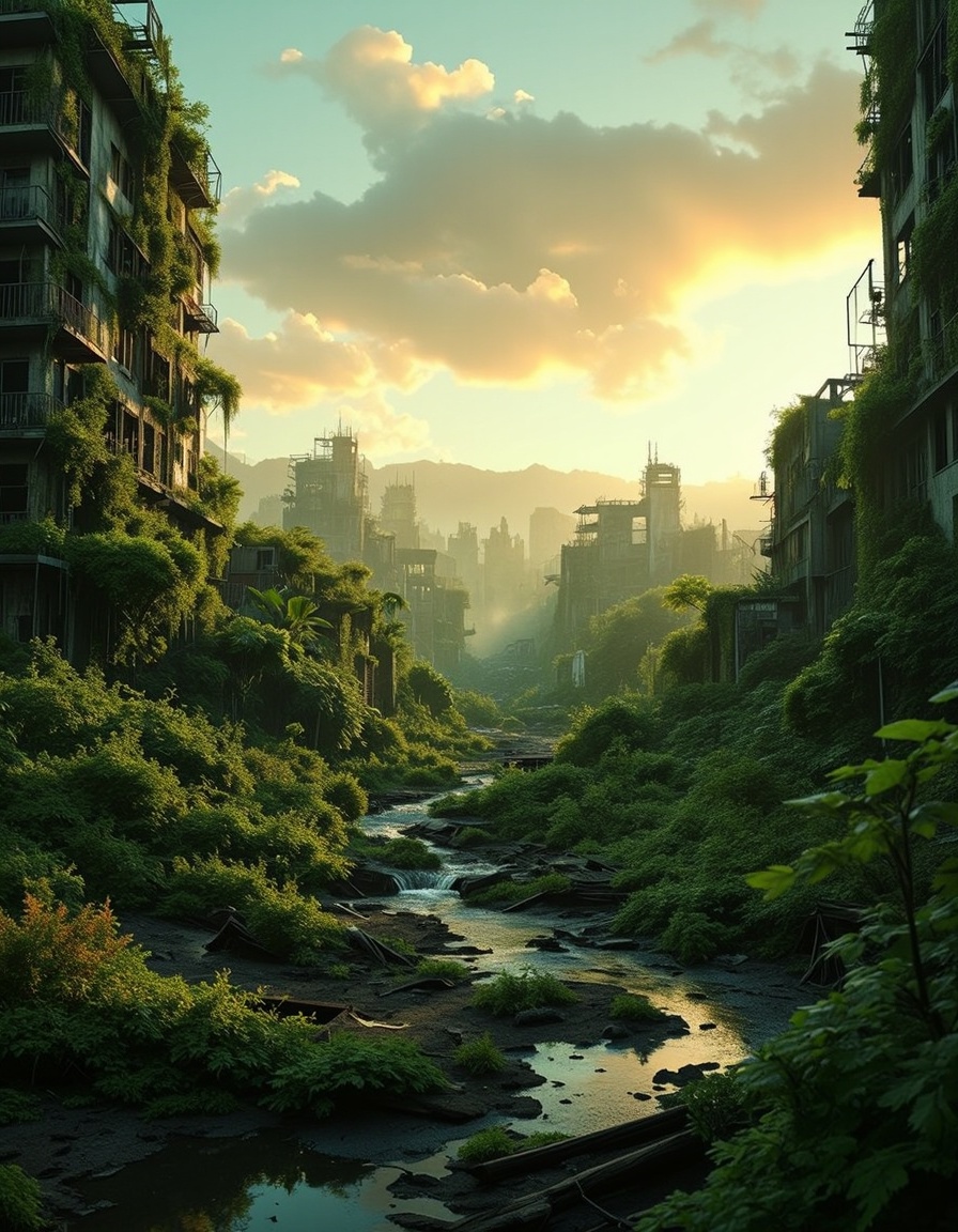 (epic post apocalyptic destroyes city overgrown ruins),  detailed background,  amazing fine detail on Tensor.Art
