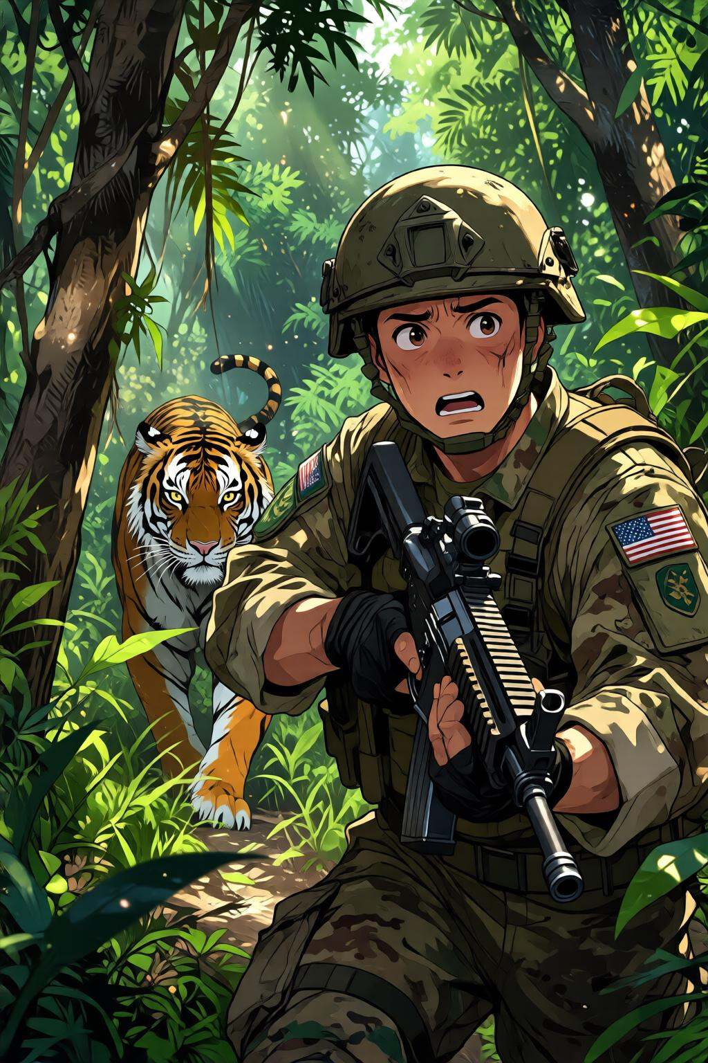 nijidigital3q anime illustration.Create a tense jungle scene set in Vietnam,  featuring a dense,  lush environment with th...