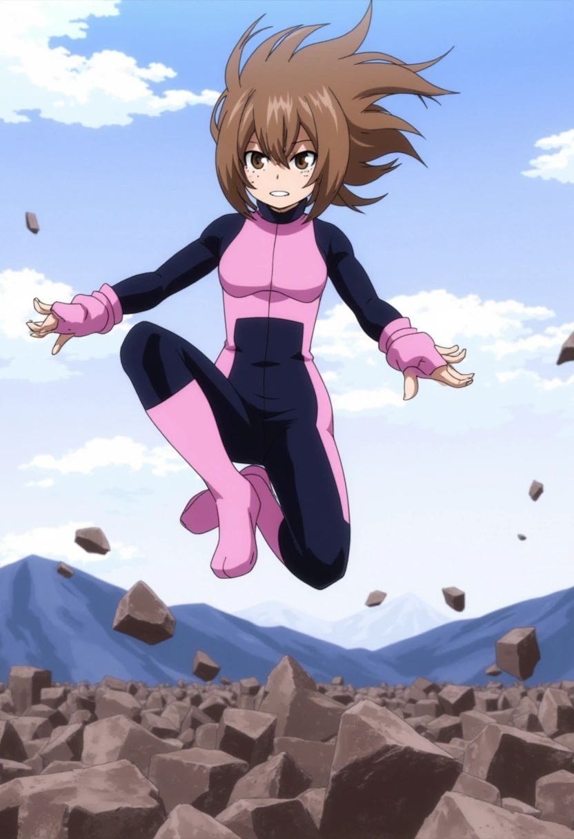 Ochako Uraraka,  a petite girl with shoulder-length brown hair and big,  round eyes. She wears a pink and black skin-tight...