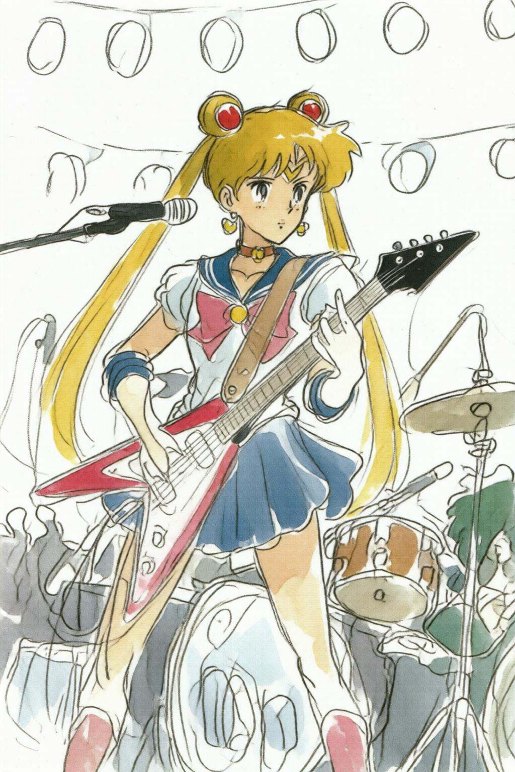 hayaomiyazaki3q illustration.Punk Sailor Moon playing a guitar at a heavy metal mosh pit,  tattoos,  piercing. on Tensor.Art