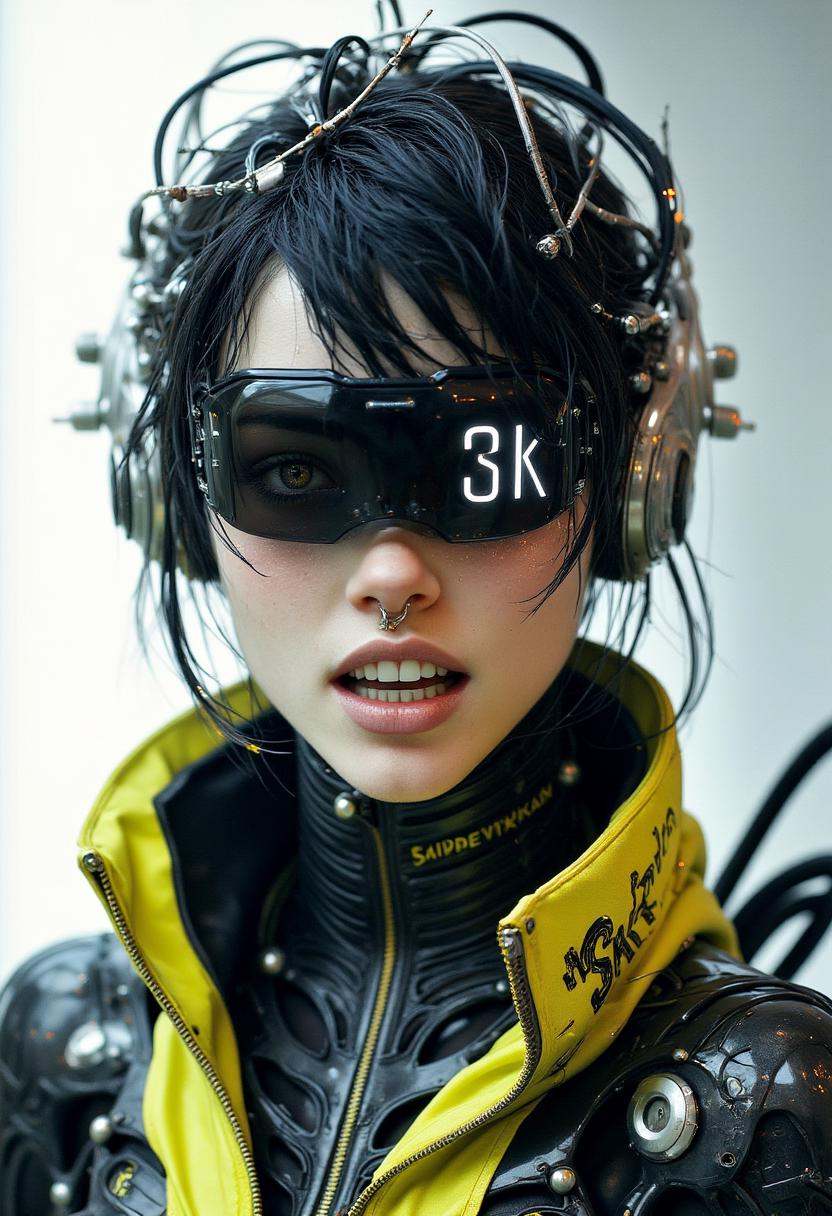 Cyberpunk realistic professional photo in recypu style.A futuristic young woman with pale skin and black hair styled in a...