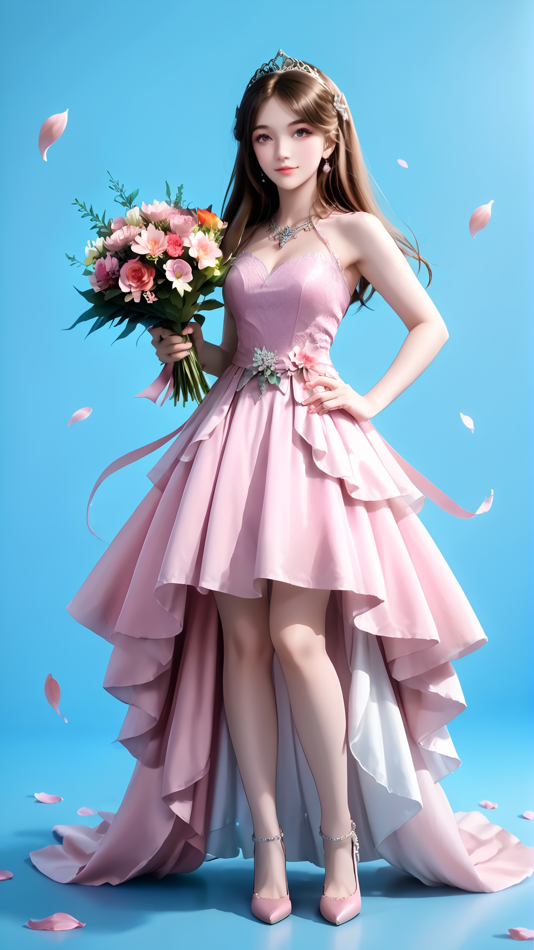 1girl, solo, flower, bouquet, brown hair, hand on hip, dress, full body, petals, long hair, tiara, holding bouquet, holding, pink dress, blue background, looking at viewer, skirt, standing, jewelry,<lora:pony宁荣荣-000008:0.8>,