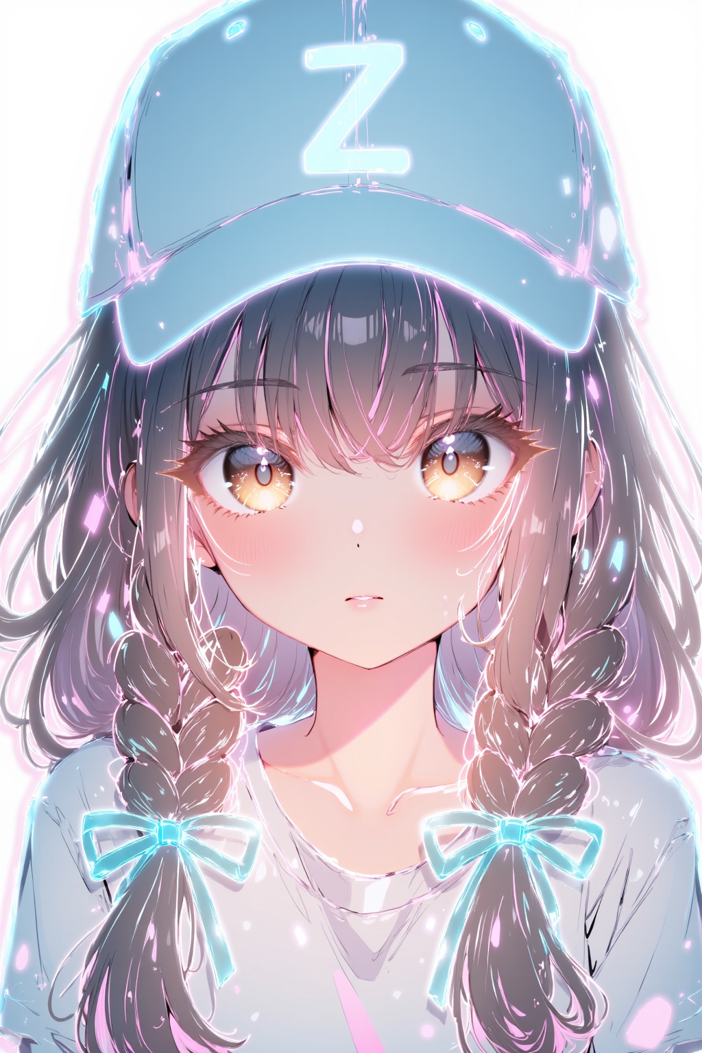 The girl has large, expressive brown eyes and rosy cheeks, giving her a youthful and innocent appearance. She has long, dark brown hair styled in two braids that are tied with green ribbons. Her hair is voluminous and slightly wavy, cascading down her shoulders.She is wearing a blue baseball cap with a large, light blue letter "Z" on the front