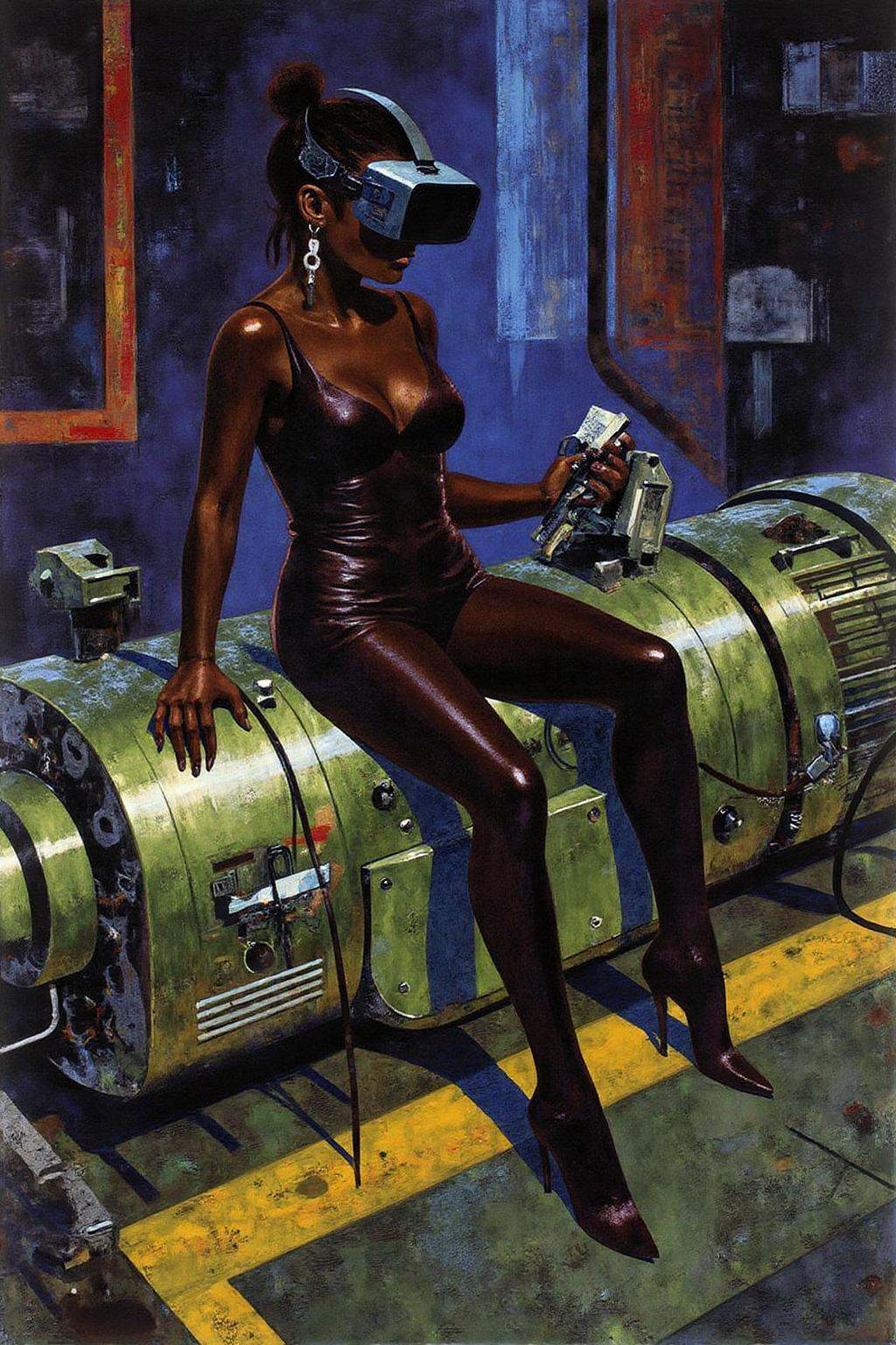 mixed media collage. A striking,  futuristic scene depicts a woman dressed in sleek,  form-fitting leather attire on Tenso...