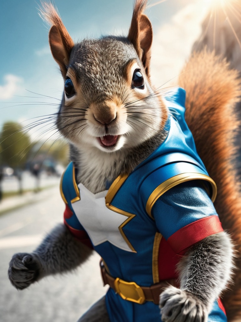 A high resolution photo of a realistic (25. A squirrel dressed like a superhero,  striking a heroic pose but looking hilar...