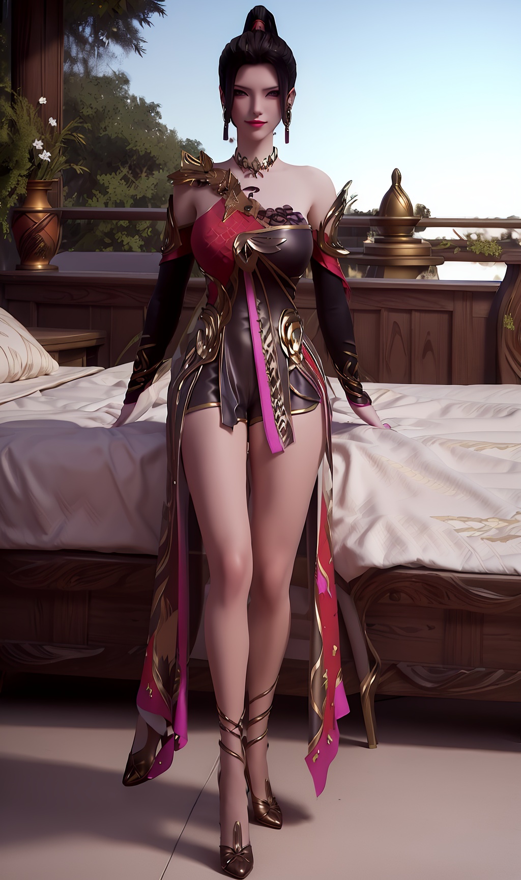 3D,masterpiece,(best quality),(makeup),official art, extremely detailed cg 8k wallpaper,((crystalstexture skin)), (extremely delicate and beautiful),(highly detailed),(1girl), (solo), (jewelry), (earrings),(black_hair),(long_hair),(hair_ornament),(handwear),(breasts),(standing),(collar),,(full_body),(whole_body),(multicolored_clothes),(multicolored_dress),shorts,(bare_shoulder),(armor),ponytail,(chinese_clothes),(adapted_costume),(long_legs),(sunshine, outdoor,bed),((looking_at_viewer)),((Facing the camera)),(high_heels),, <lora:hipoly3DModelLora_v10:0.3>