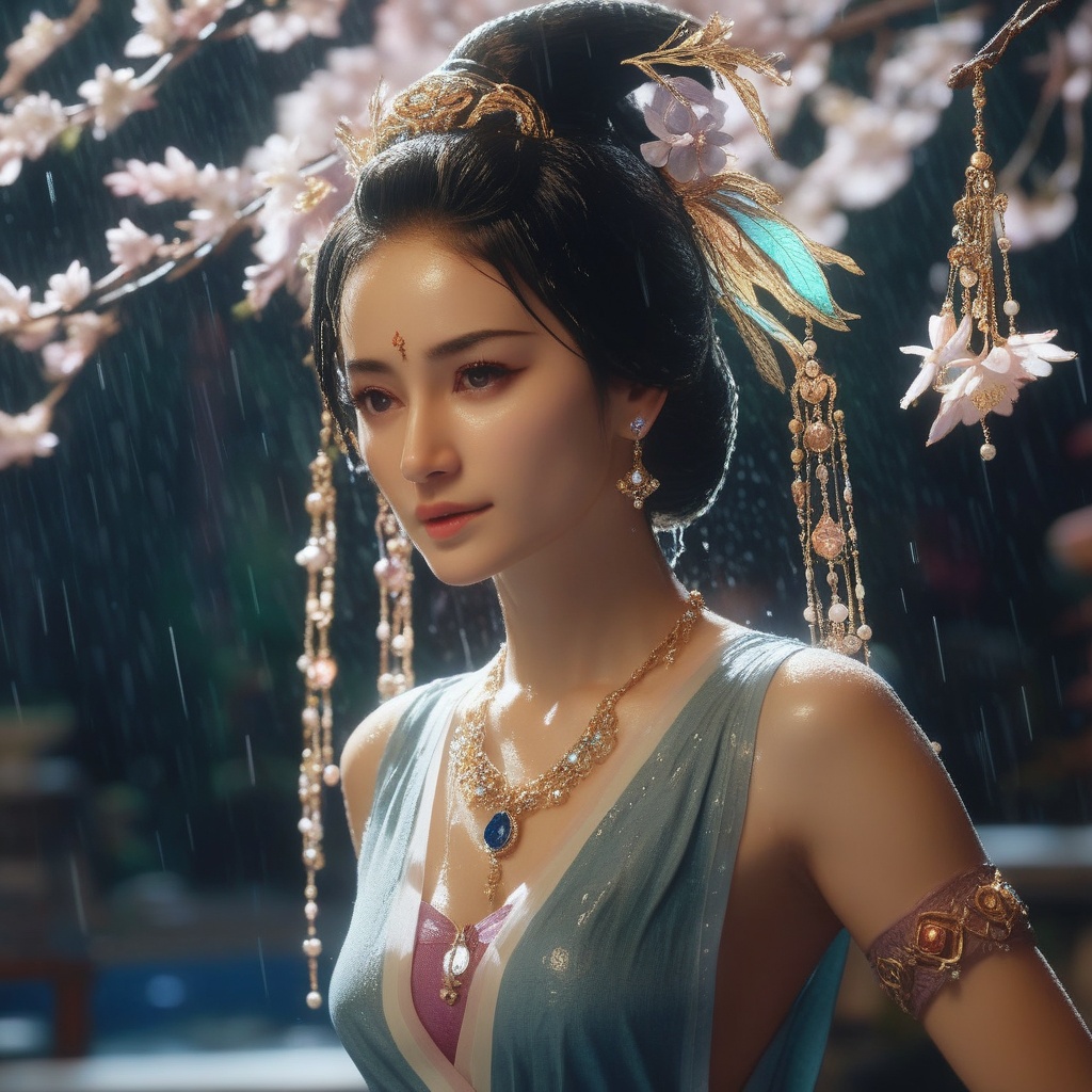 <lora:831-DA-XL-国风E:0.8>, (,1girl, ,best quality, ),, ,ultra detailed 8k cg,            cinematic lighting, cinematic bloom, (( , )),,  , unreal, science fiction,  luxury, jewelry, diamond, pearl, gem, sapphire, ruby, emerald, intricate detail, delicate pattern, charming, alluring, seductive, erotic, enchanting, hair ornament, necklace, earrings, bracelet, armlet,halo,masterpiece, (( , )),, realistic,science fiction,mole, ,cherry blossoms,(((, , ultra high res, (photorealistic:1.4), raw photo, 1girl, wet clothes, rain, sweat, ,wet, )))(( , ))   (cleavage),,  (),