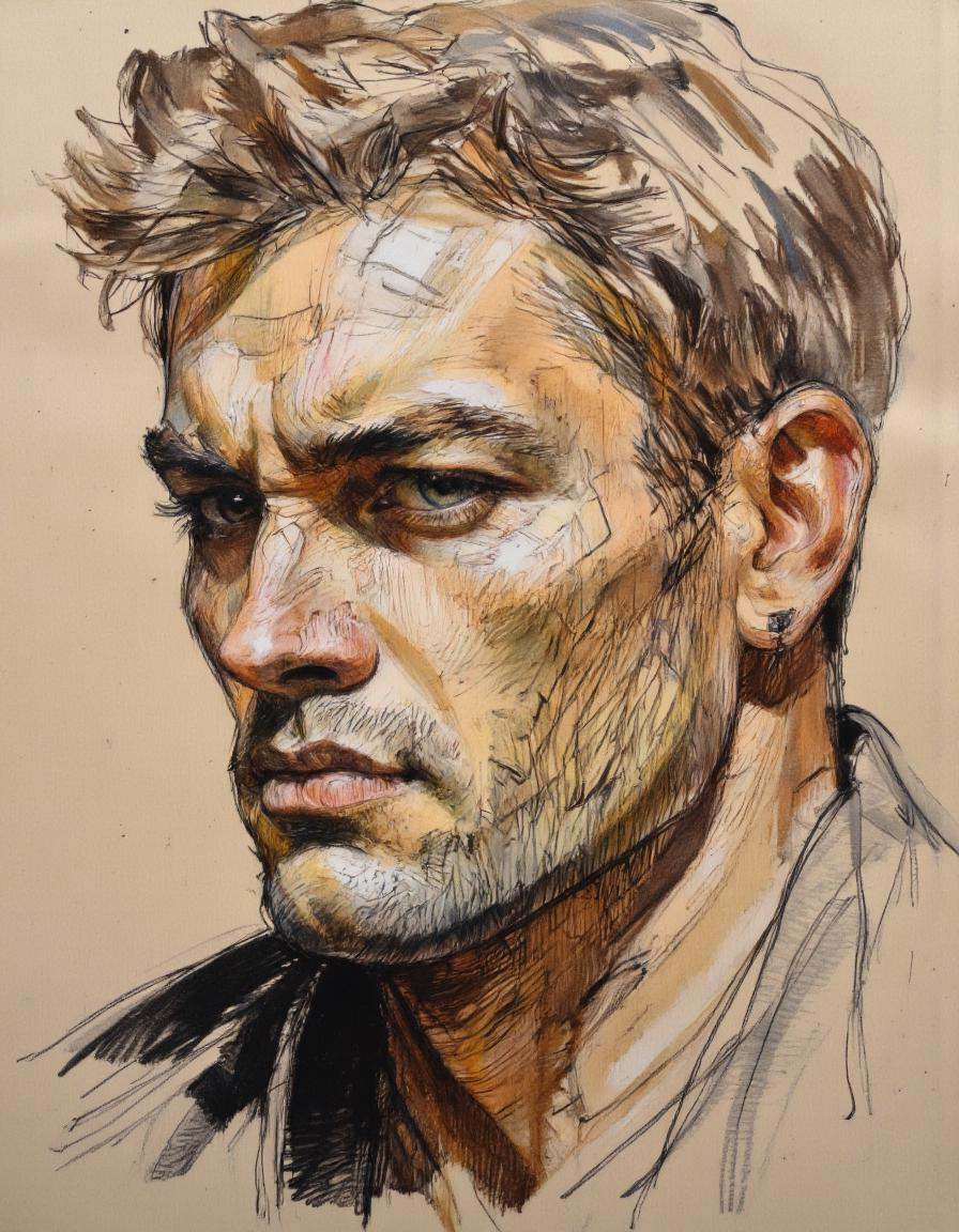 This is a detailed,  close-up digital drawing of a man's face,  rendered in a semi-realistic on Tensor.Art