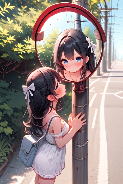 ((convex mirror on utility pole)),  ((1girl)),  looking at mirror on Tensor.Art