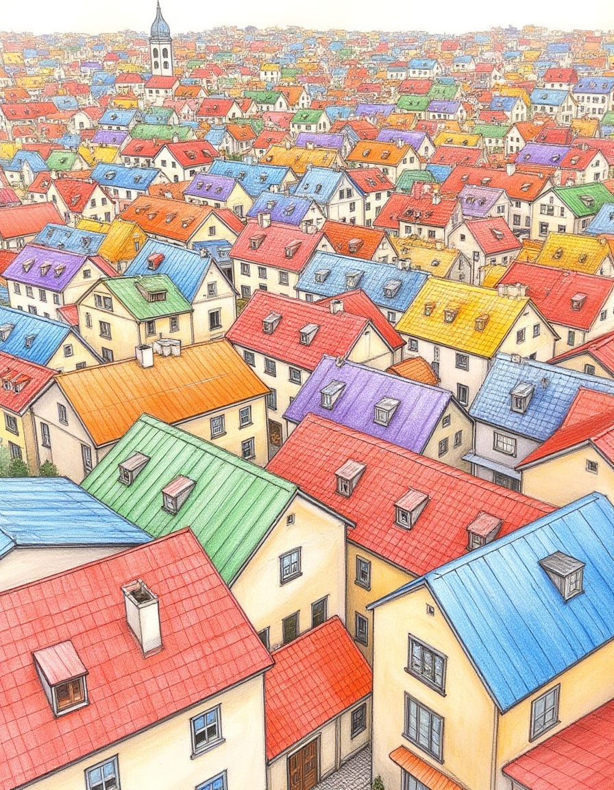 "An intricate colored pencil sketch of a densely packed village viewed from above,  where every rooftop is colored in a di...
