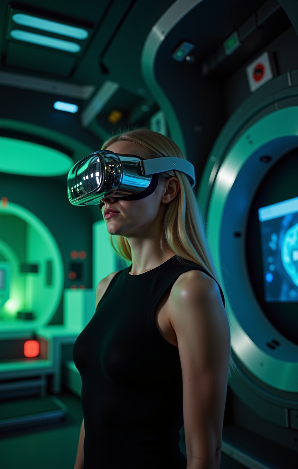 Interstellar_Scifi,  Interstellar_Scifi,  The image is a high-resolution photograph capturing a young woman in a futuristi...