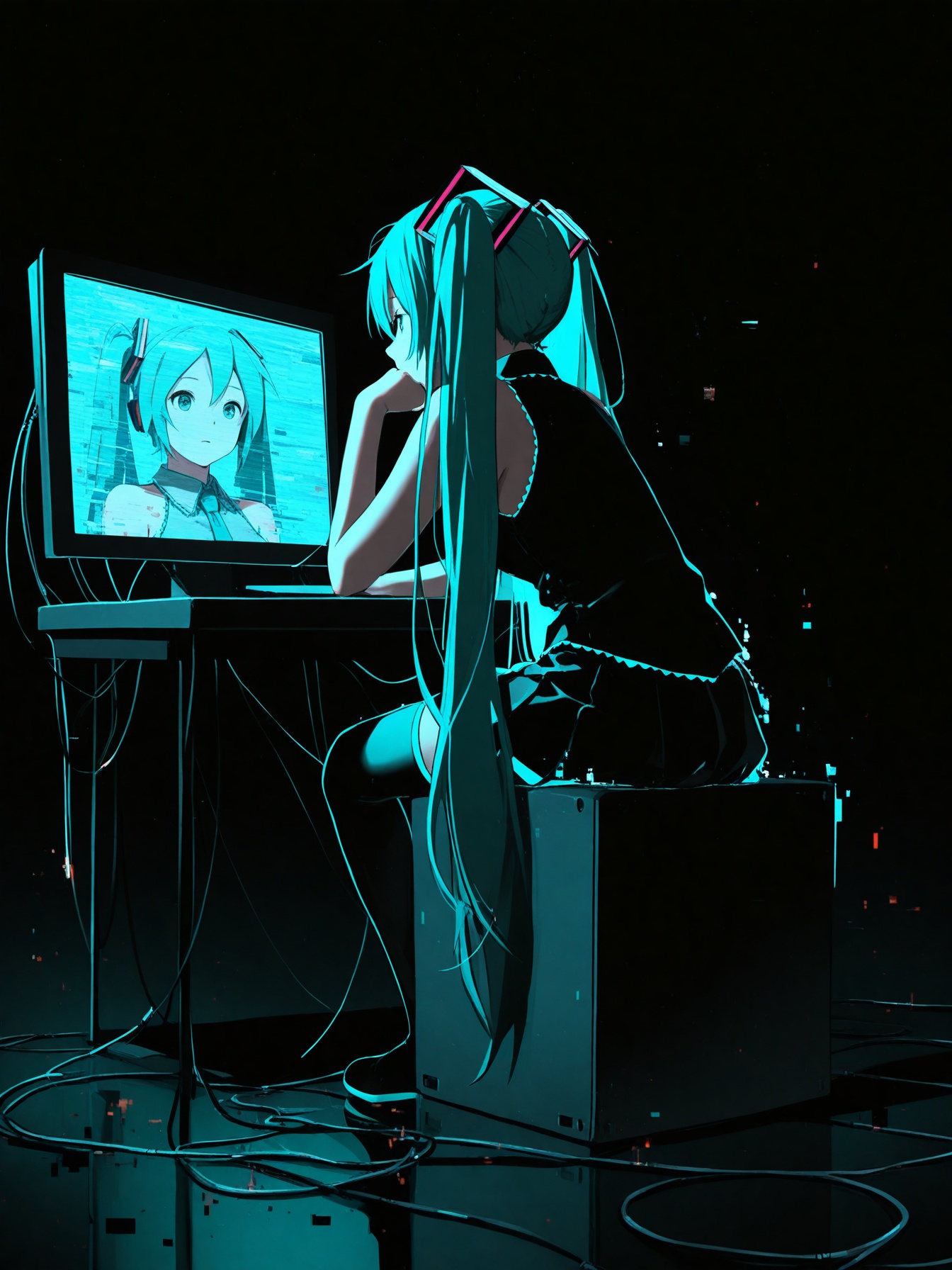 1girl,  hatsune miku,  sitting on Tensor.Art