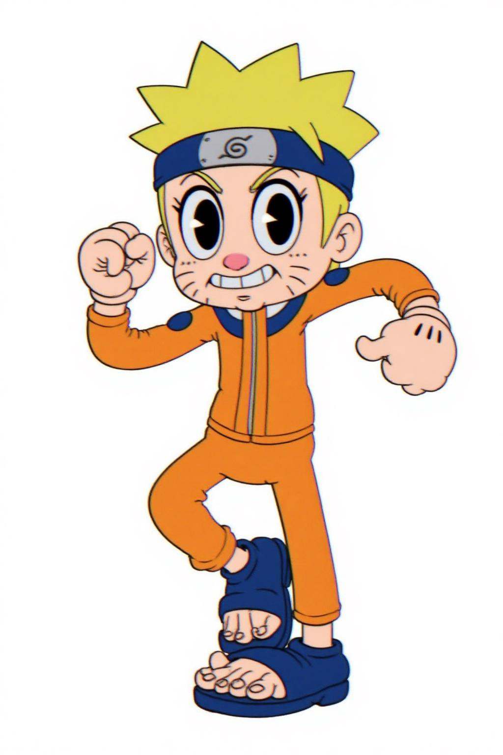 rubber hose animation style.Naruto Uzumaki from the anime series Naruto,  in a dynamic pose. Naruto has large eyes,  a mis...