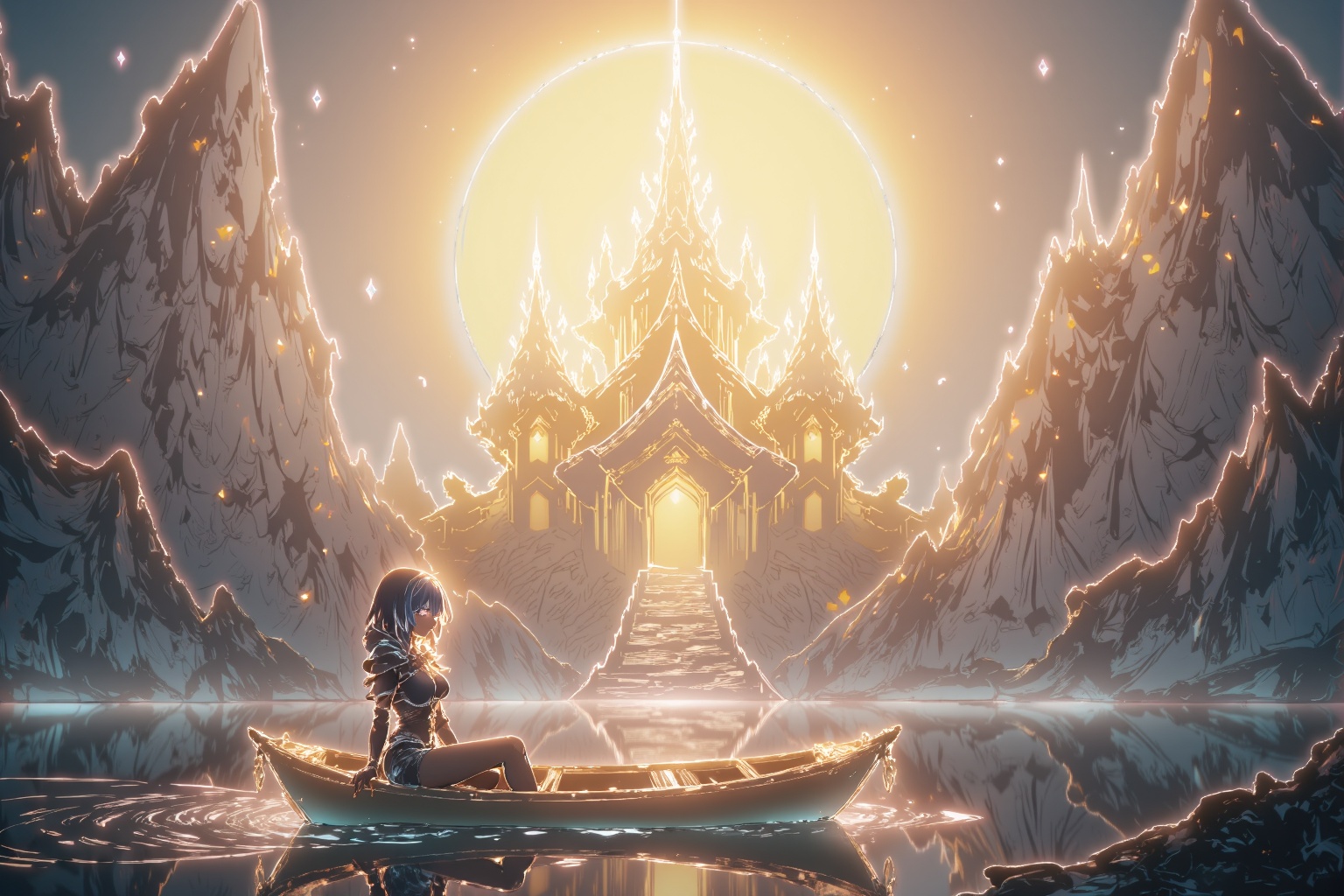 This is a digital painting in a vivid, semi-realistic style, depicting an ethereal and mystical scene. The central focus is a solitary figure in a traditional, narrow wooden boat, gliding across a calm, reflective lake. The figure, dressed in a dark, form-fitting outfit with a hood, is positioned slightly off-center to the left, facing the scene. The boat's oars are not in use, suggesting a serene moment of contemplation.In the background, towering, jagged stone structures frame a grand, golden temple with ornate, curved roofs. These structures are illuminated by the large, luminous yellow moon that dominates the upper half of the image, casting a soft, warm glow across the scene. The moonlight creates a surreal, dreamlike atmosphere, enhancing the ethereal quality of the paintin