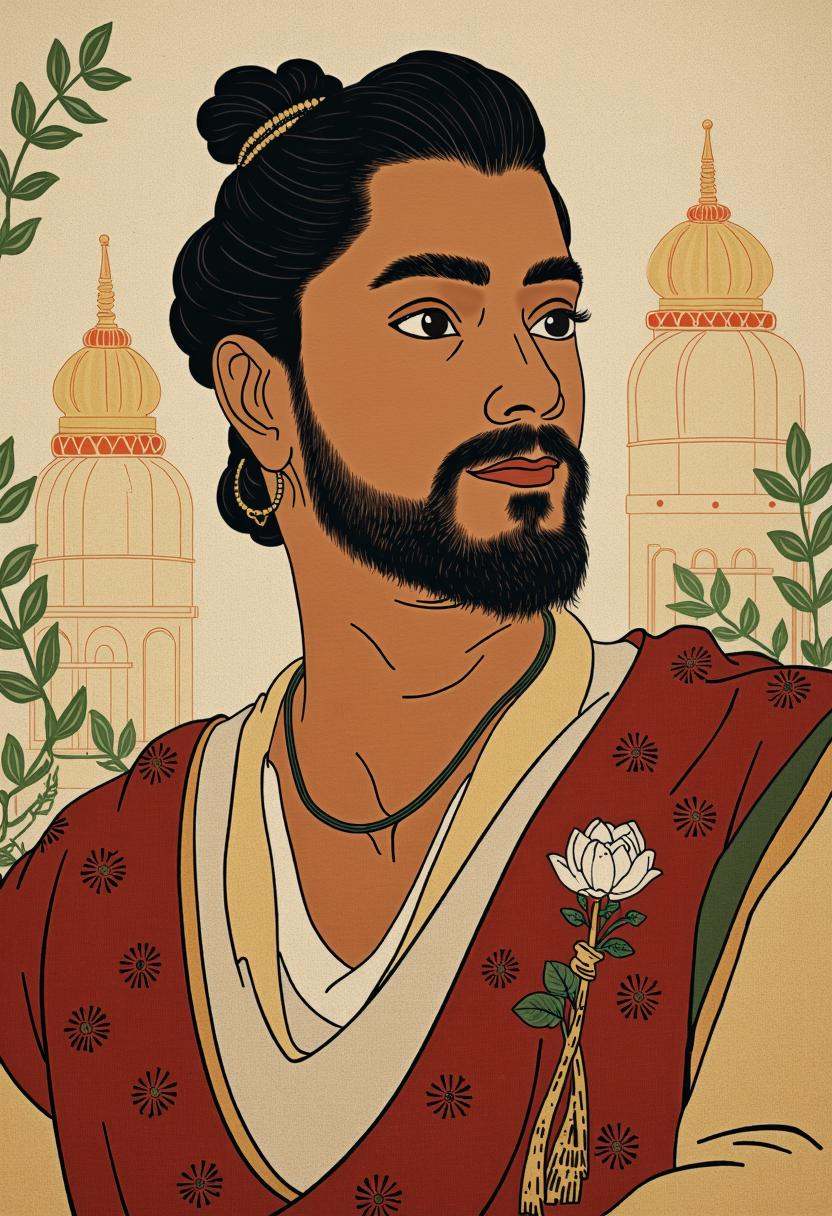 a portrait of an Indian man inspired by the Shunga art style,  featuring a blend of traditional Indian clothing and Shunga...