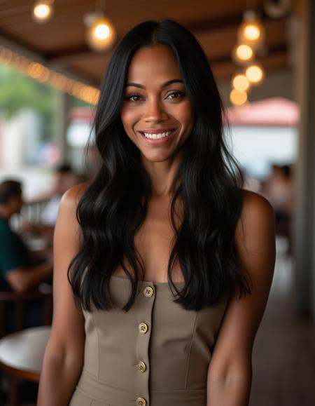 The image is a photograph of a woman with long black hair,  wearing a dress standing in a cafe. looking a the viewer,  smi...