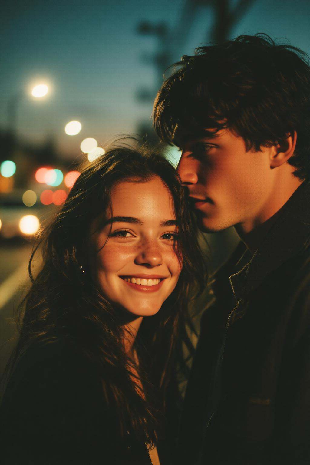 midjourneymix10q photograph.A young couple in a close-up portrait taken at dusk. The central figure is a American teenager...