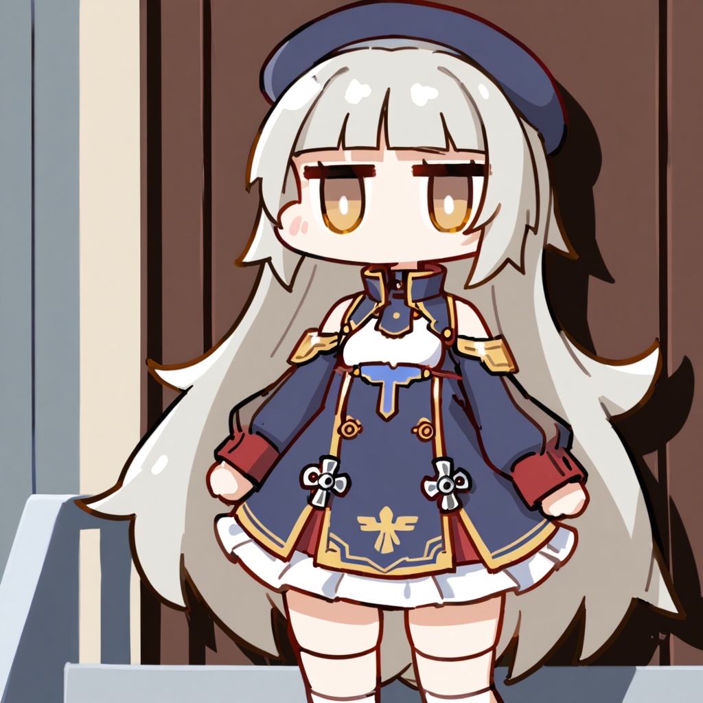 chibi,<lora:nineface-chibi-A31-5:1>,1girl,z46 \(azur lane\),azur lane,long hair,very long hair,grey hair,mole,mole under eye,yellow eyes,hat,blunt bangs,small breasts,breasts,brown eyes,beret