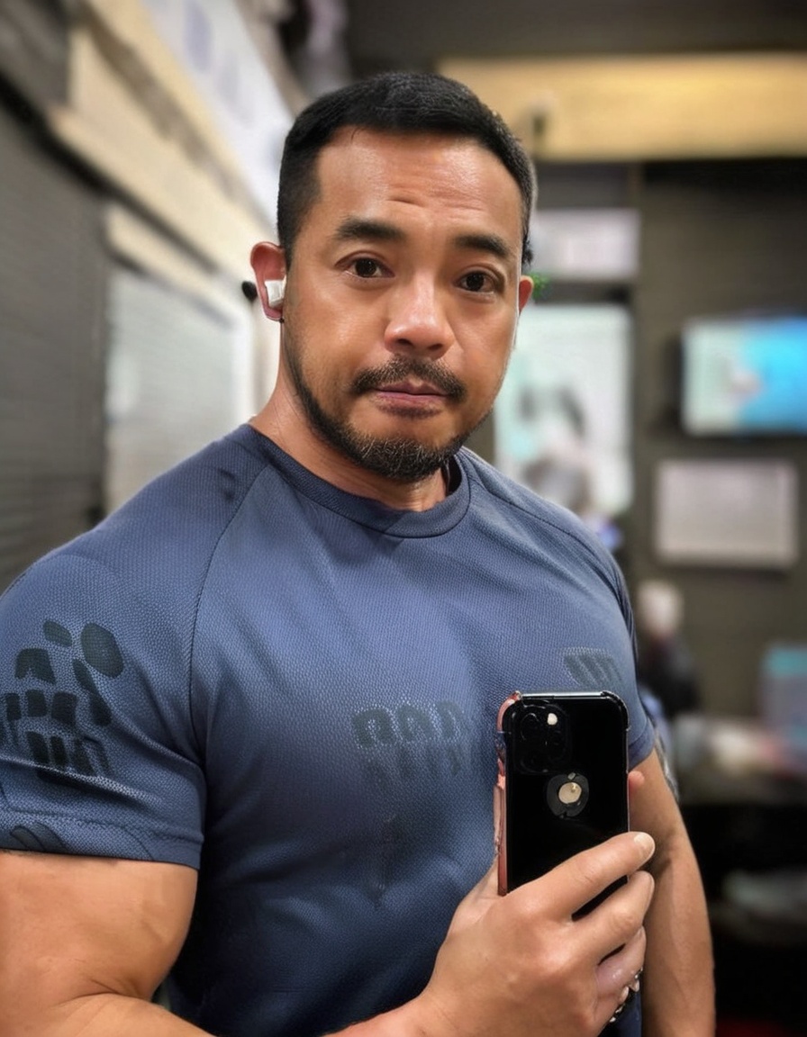 (score_9, realistic, score_8_up:1.3), score_7_up, raw, photo realistic,  HD,8K,black eyes, blurry, cnjipan, earphones, large pectorals, looking at viewer, male focus, nipples, phone, realistic, shirt <lora:SDXL_亚洲壮男CNJIPAN.ta:1> EyeDetail-SDXL