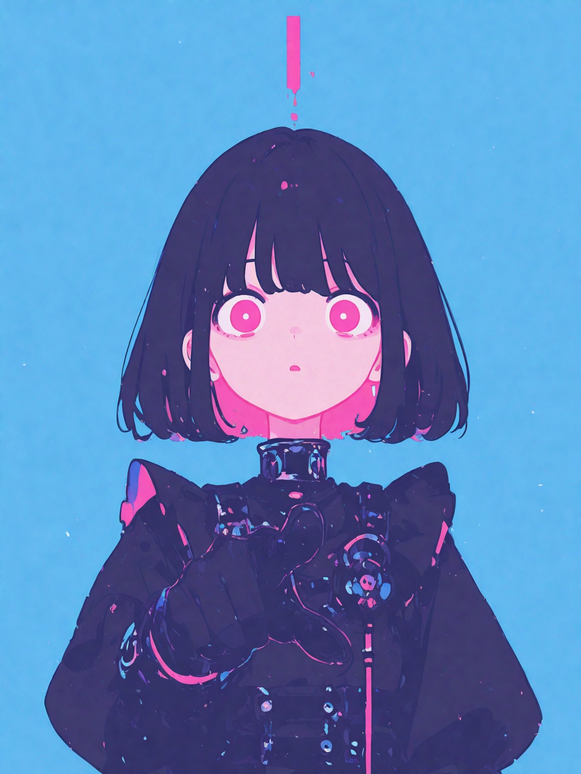 1girl, solo, looking_at_viewer, short_hair, bangs, black_hair, gloves, long_sleeves, dress, upper_body, parted_lips, black_gloves, pink_eyes, blue_background, pointing, wide-eyed, pointing_at_viewer