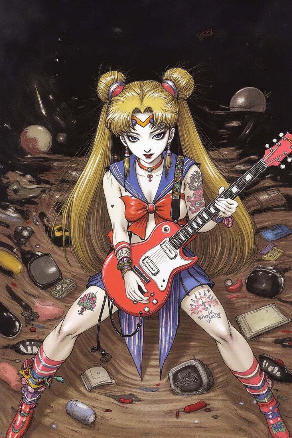 amayo illustration of a punk sailor moon playing a guitar at a heavy metal mosh pit,  tattoos,  piercing on Tensor.Art