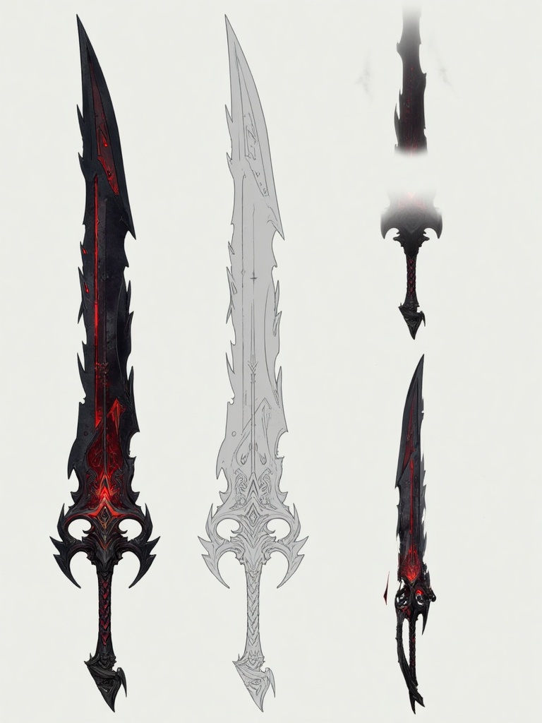 A digital rendering of a fantasy sword with a dark,  jagged blade and a red,  glowing edge. The hilt is ornate with intric...