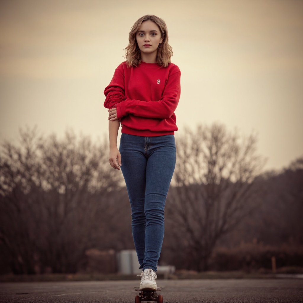 A portrait of olivia_cooke standing on a skateboard. She wears a red sweatshirt and blue jeans,  with white sneakers. Her...