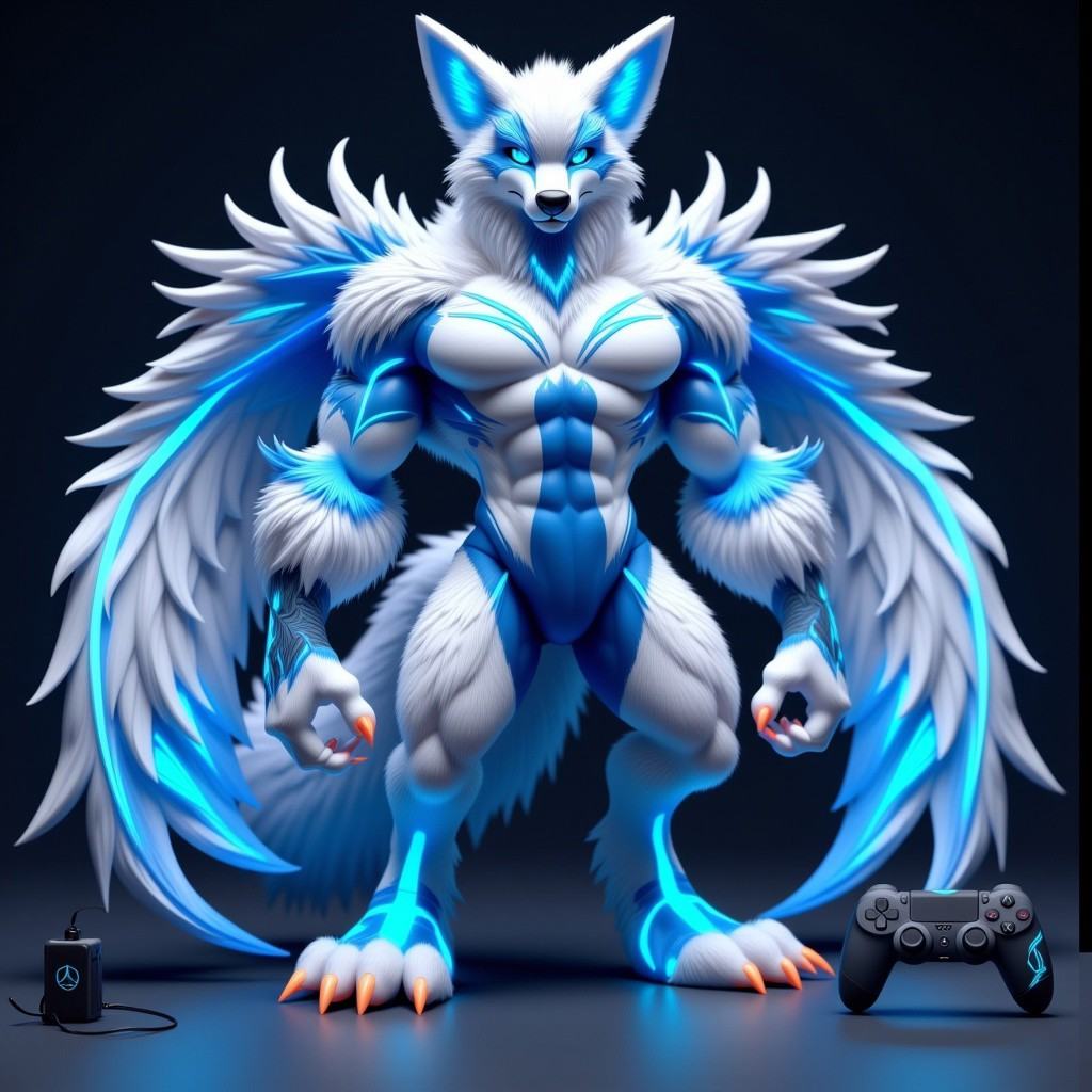 wolf male character inspired by the PlayStation 5,  displaying a futuristic and muscular design. This character has a vibr...