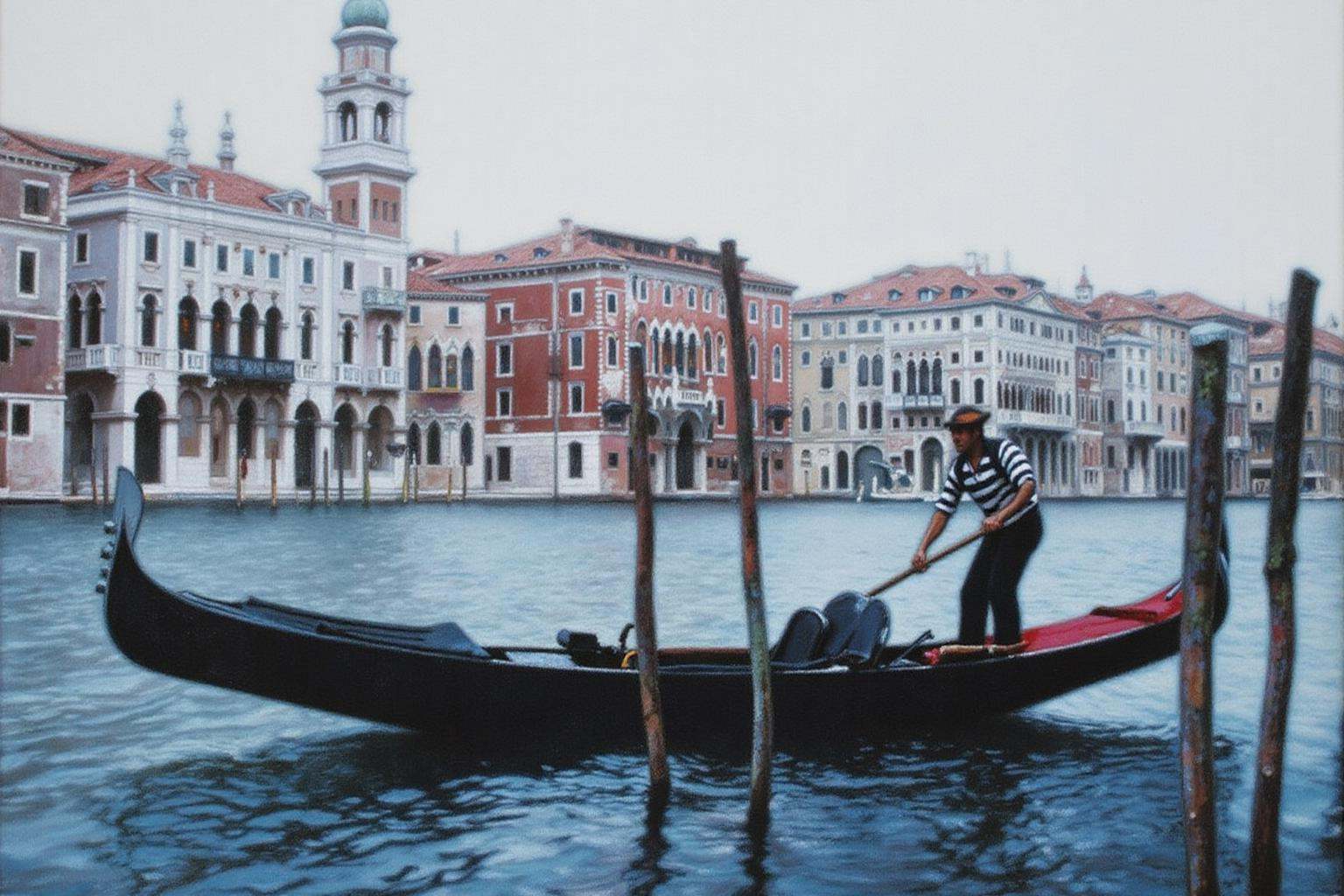 chenyifei2 painting.A scene in Venice,  featuring a gondolier dressed in a striped shirt and black trousers,  maneuvering...