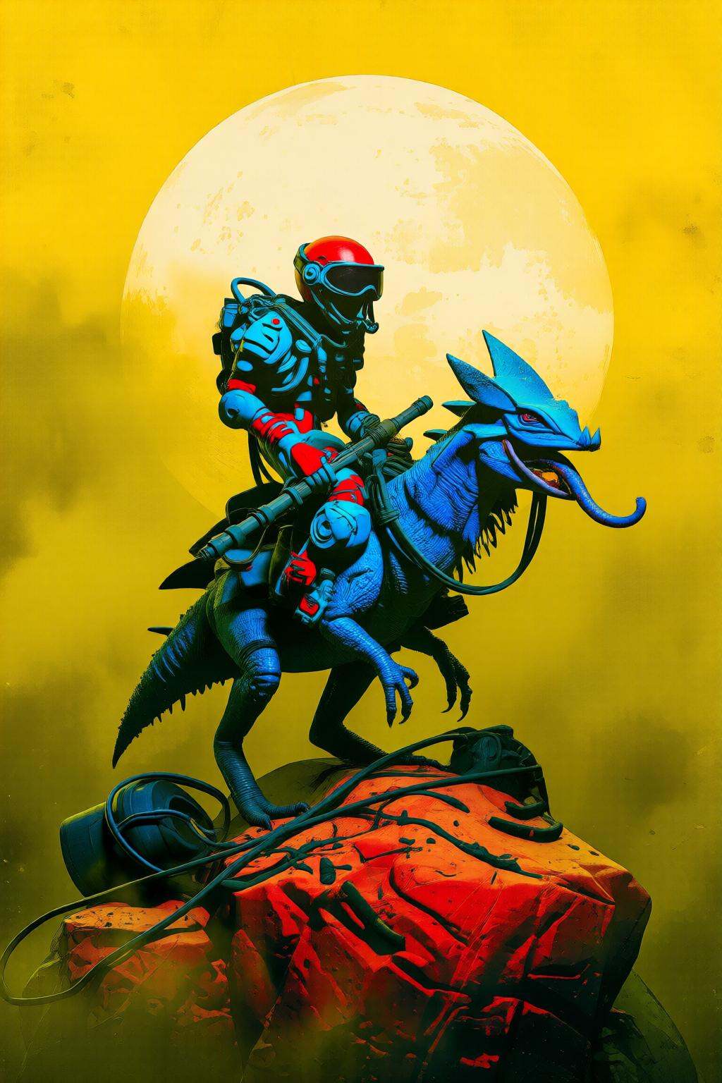 pascalblanche2q illustration.A bright yellow moon dominates the background. A figure in a blue and red suit with helmet an...