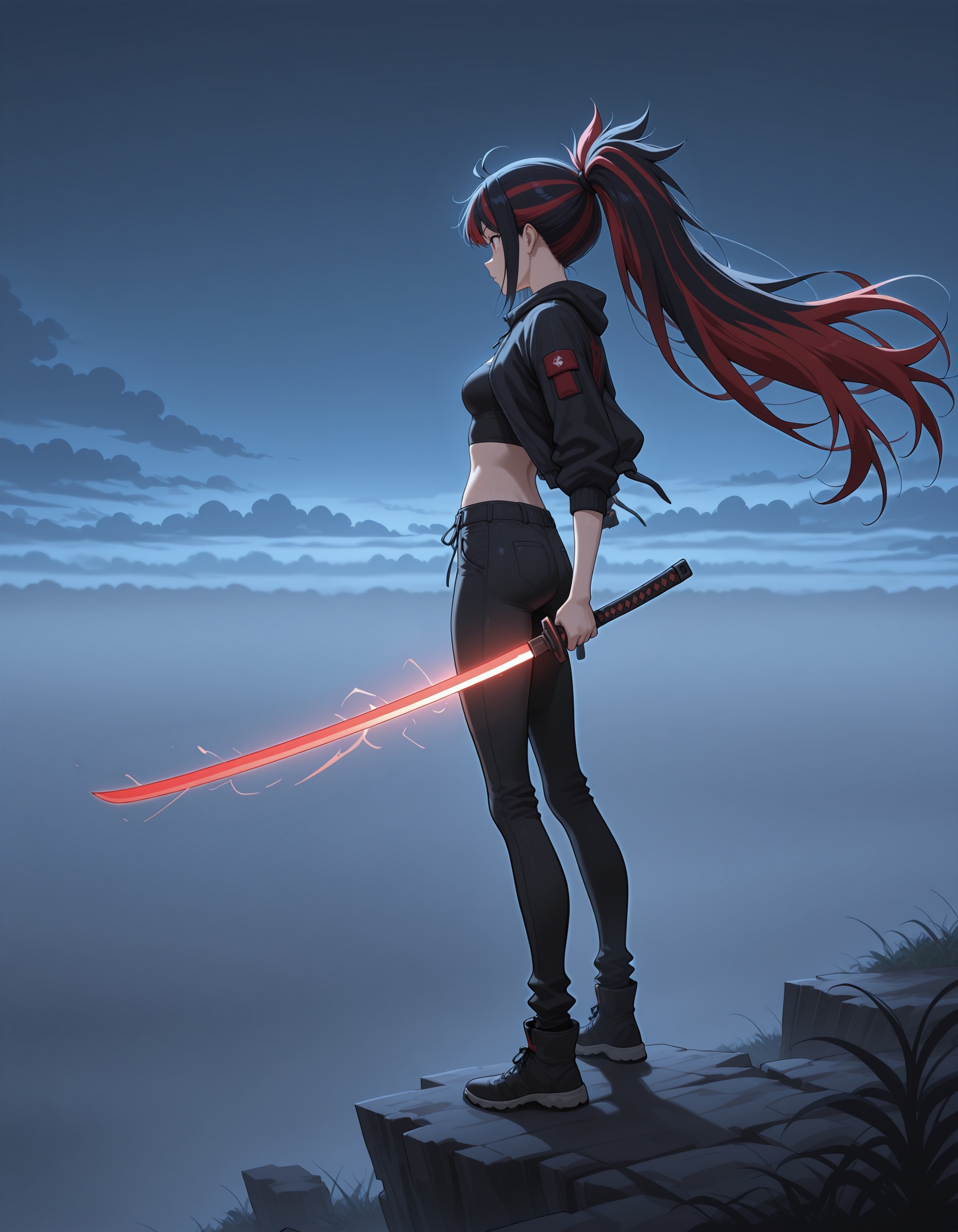 1girl,  holding glowing katana,  jacket on Tensor.Art