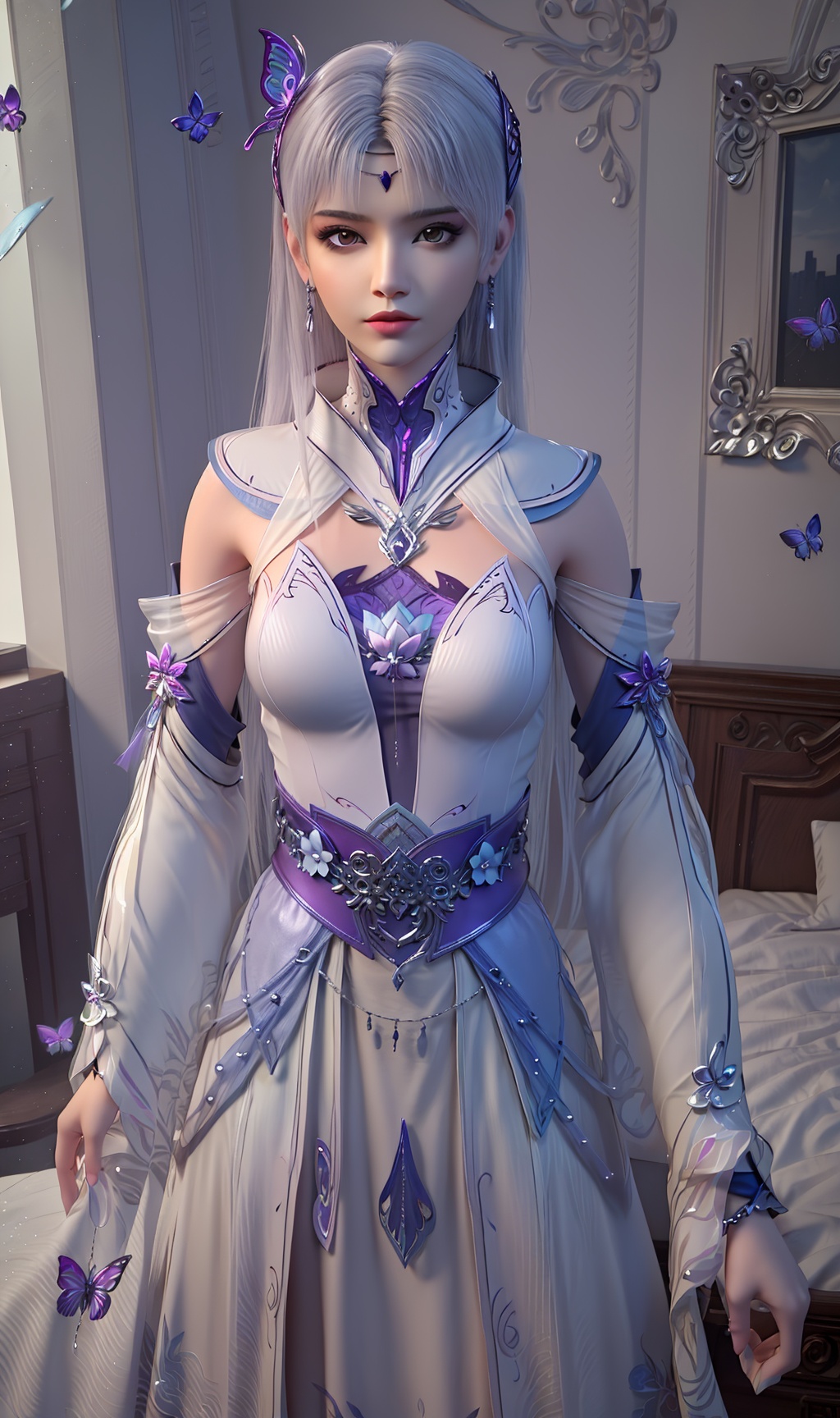 3D,masterpiece,(best quality),(makeup),official art, extremely detailed cg 8k wallpaper,((crystalstexture skin)), (extremely delicate and beautiful),(highly detailed),(face),(collar),(butterfly_hair_clip),(hand)(1girl), (solo), (jewelry), (earrings),(white_hair),(long_hair),(hair_ornament),(handwear),(breasts),(standing),((upper_body)),(dress),(long_skirt),(shiny_clothes),(city,indoor,bed),(belt),(multicolored_clothes),(multicolored_dress),(robe),,((looking_at_viewer)),((Facing the camera)),, <lora:hipoly3DModelLora_v10:0.3>