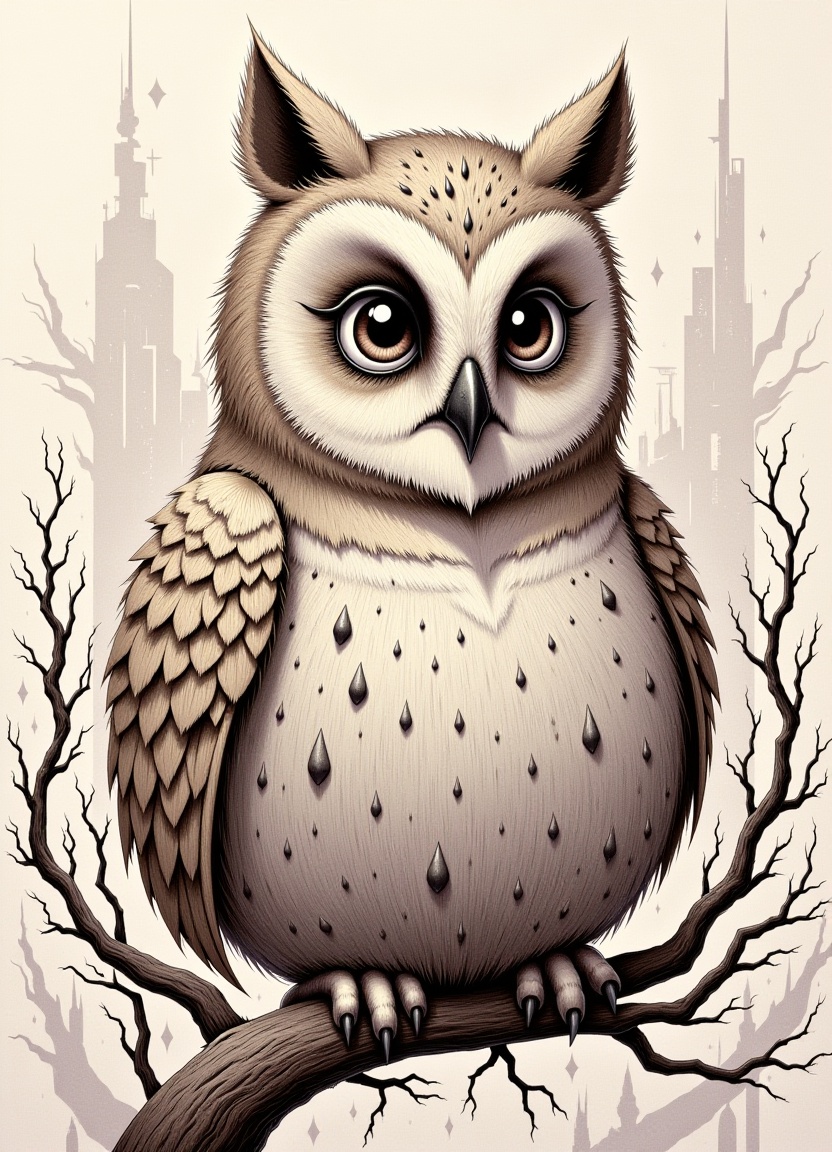 owl bear with style: A fluid irregular line stroke pastel drawing featuring neutral colours,  enhanced with structured sha...