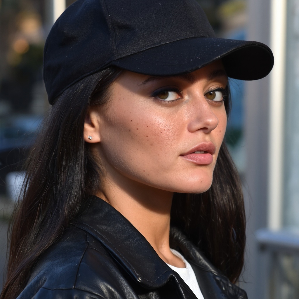 A close-up portrait of ella_purnell,  captured in a side profile. She wears a black baseball cap and a black leather jacke...