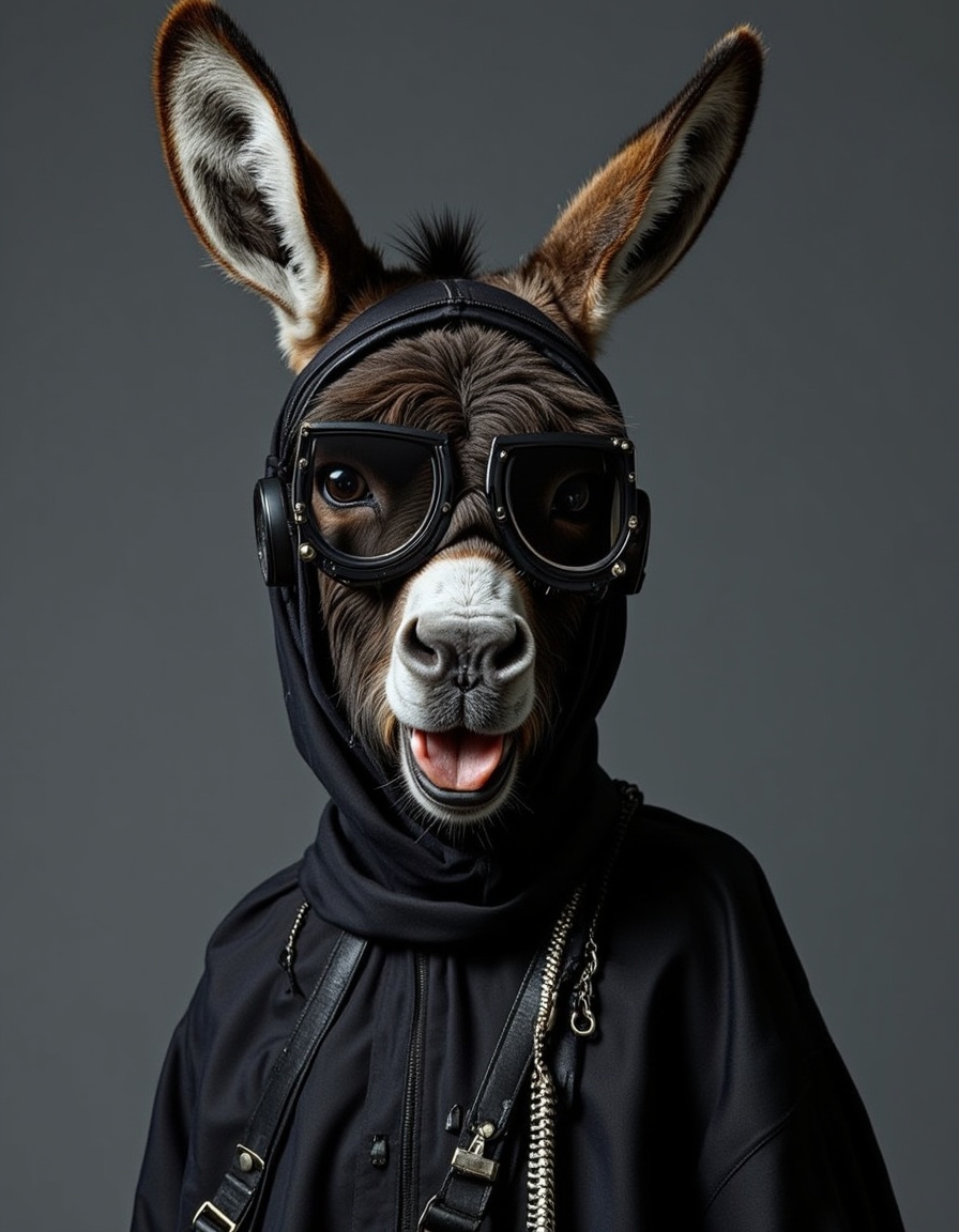 Studio_Punkji,  The image is a realistic photograph that showcases a roaring futuristic punk donkey dressed in a black dre...