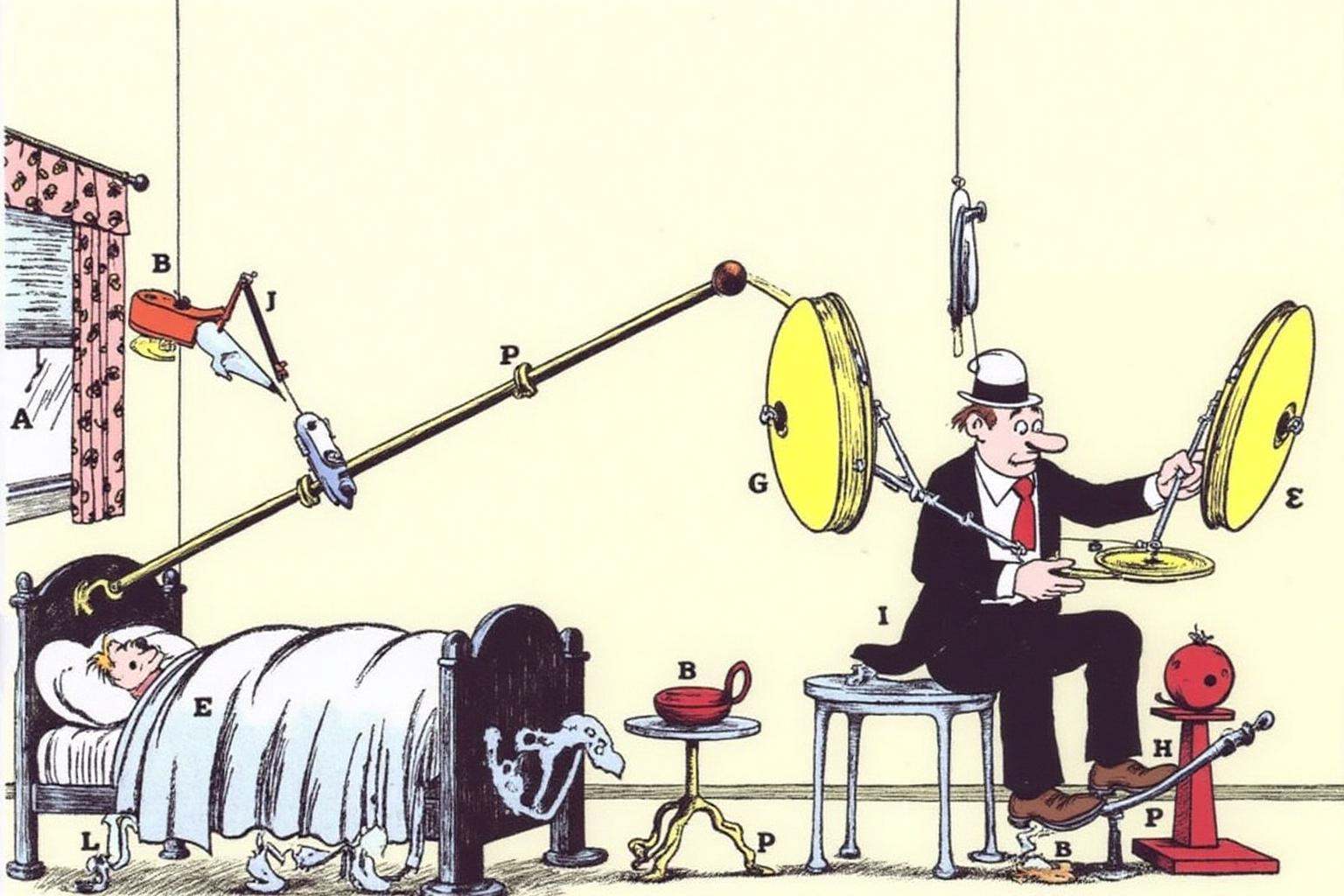 rugo1 illustration. The scene depicts a whimsical,  surreal bedroom setting. On the left is a man sleeping on a large bed....