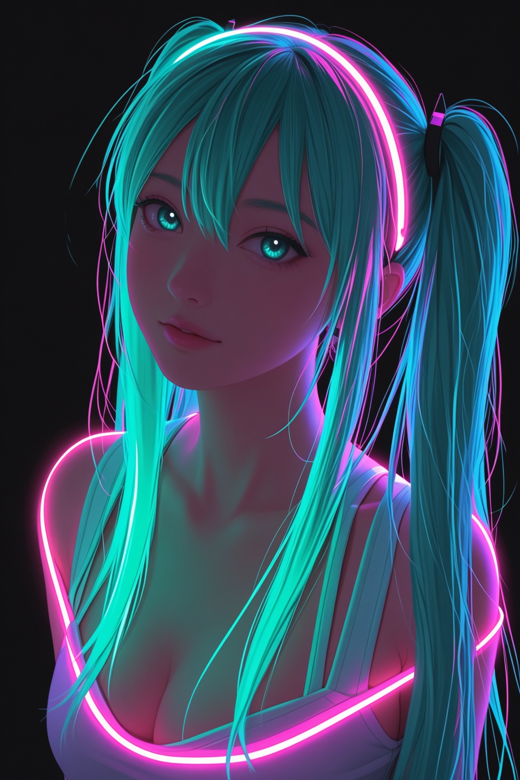 Hatsune Miku,  limited palette,  black background on Tensor.Art
