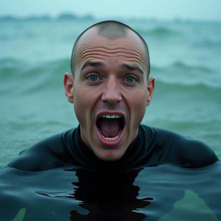 cinematic film still of perfection styleA perfect photo of a man in a wet suit is in the water,  solo,  open mouth on Tens...