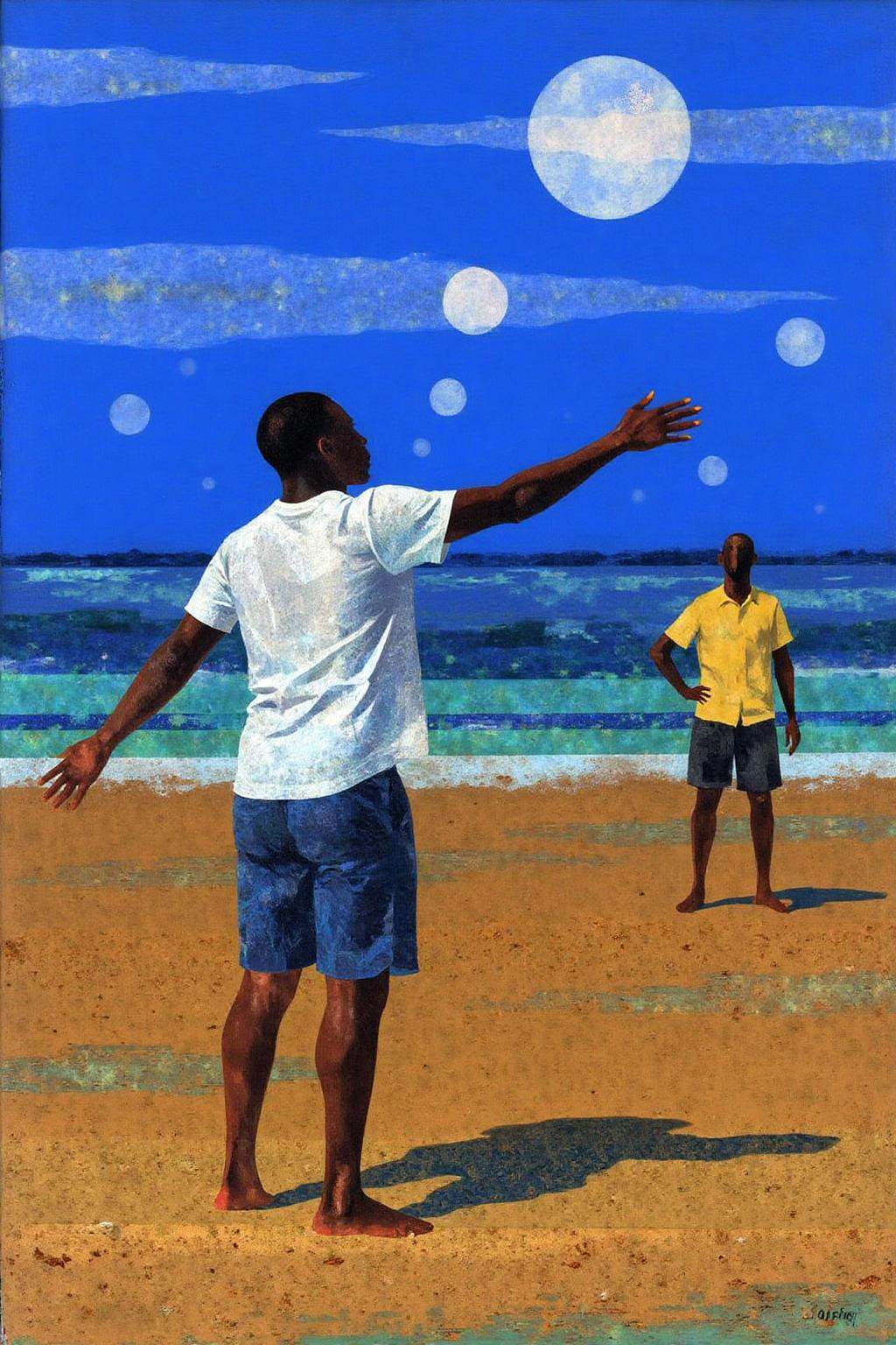 mixed media collage. Two men standing on a sandy beach. The man on the left is wearing a short-sleeved white t-shirt and b...