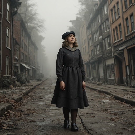 dark and gloomy children's book Artwork illustration of Gerda. She is standing in the street of post-war Berlin in 1949. D...