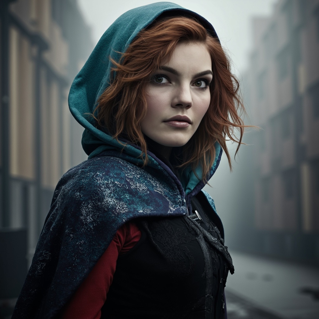 A portrait camren_bicondova with striking red hair, set against a misty urban backdrop. She wears a hooded cloak with a blue and teal pattern, contrasting with a black bodysuit with red sleeves. The cloak's texture appears to be smooth and shiny. The woman's gaze is intense and focused, and her lips are slightly parted. The overall mood of the image is mysterious and ethereal.