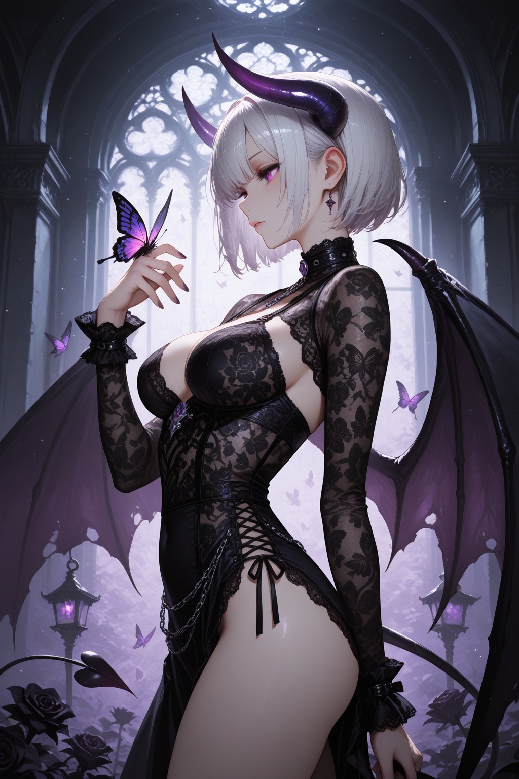 cowboy shot of gothic anime demon girl with short silver hair and purple horns,  three quarter view,  from side on Tensor.Art
