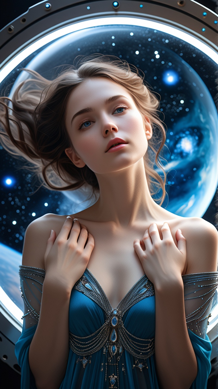 A breathtakingly beautiful young woman gracefully floats alone before a colossal space station window,  captured with unpa...