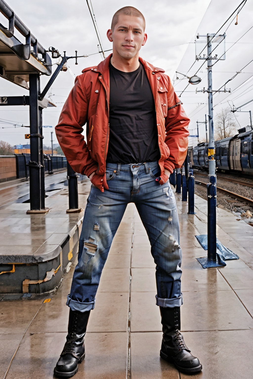 light rail station,  railroad platform,  skinhead on Tensor.Art