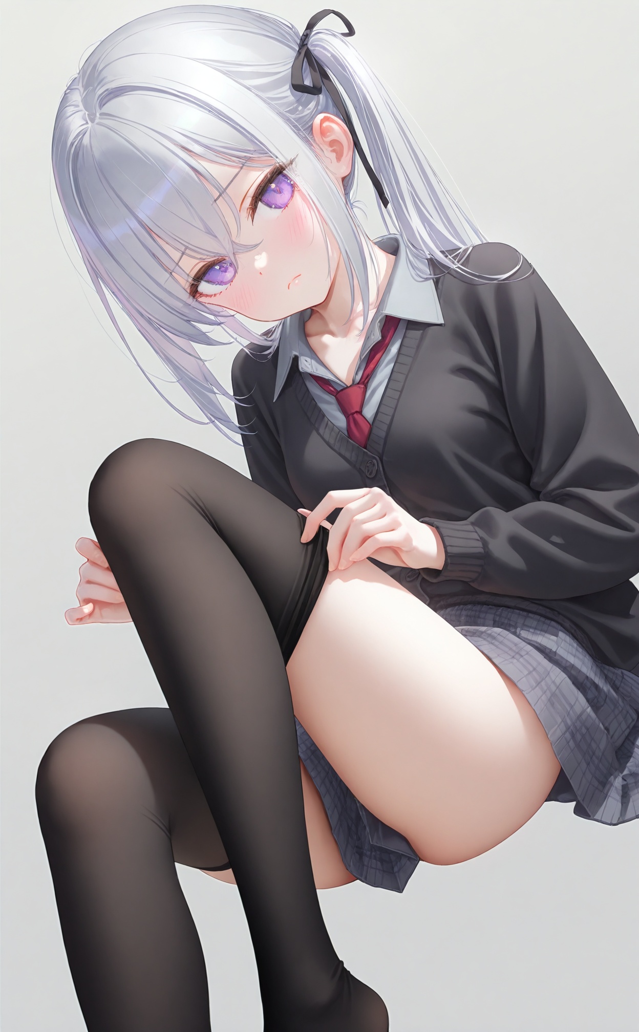 masterpiece,best quality,high quality,loli,(artist:ningen_mame:0.9),(artist:sho_(sho_lwlw):0.9),(artist:rhasta:0.9),(artist:wlop:0.7),(artist:ke-ta:0.6),(fkey:0.5),(tianliang duohe fangdongye:0.5),(hiten \(hitenkei\):0.6),loli,1girl,solo,skirt,ribbon,purple eyes,long hair,hair ribbon,grey skirt,shirt,blush,simple background,pantyhose,looking at viewer,collared shirt,white background,pleated skirt,long sleeves,black ribbon,closed mouth,necktie,hair between eyes,white hair,plaid,grey shirt,plaid skirt,side ponytail,dutch angle,thighhighs,miniskirt,pantyhose pull,clothes pull,red necktie,cardigan,sidelocks,**********,black pantyhose,black cardigan,head tilt,knee up,black thighhighs,school uniform,invisible chair,no shoes,collarbone,frown,black sweater,pulled by self,ponytail,breasts,on_back,