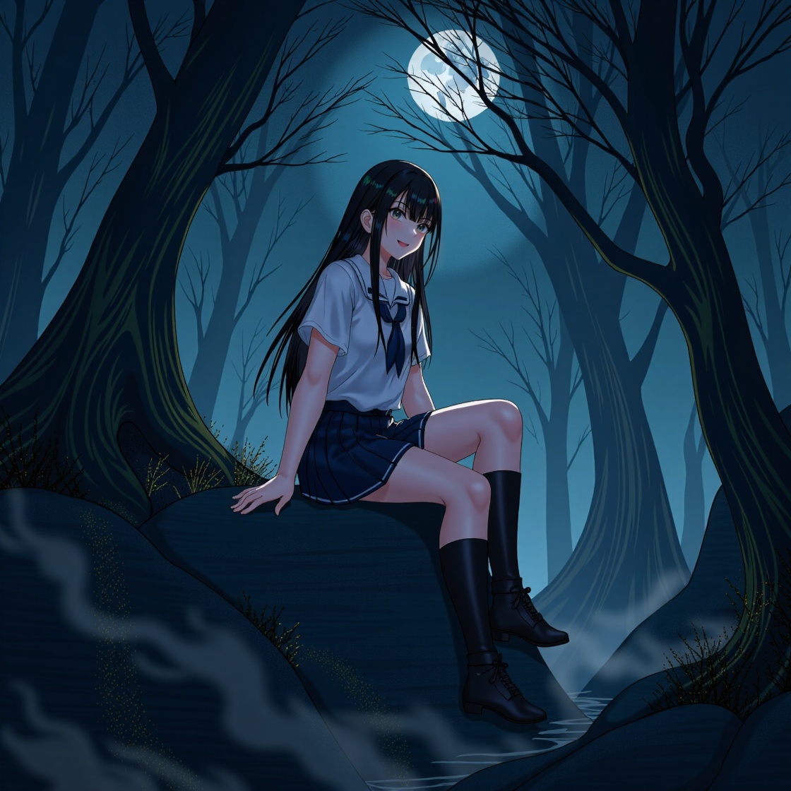 AtdanV4XL,  an 1girl who is sitting on a rocks in a dark forest,  she's happy and have a slight smile on Tensor.Art